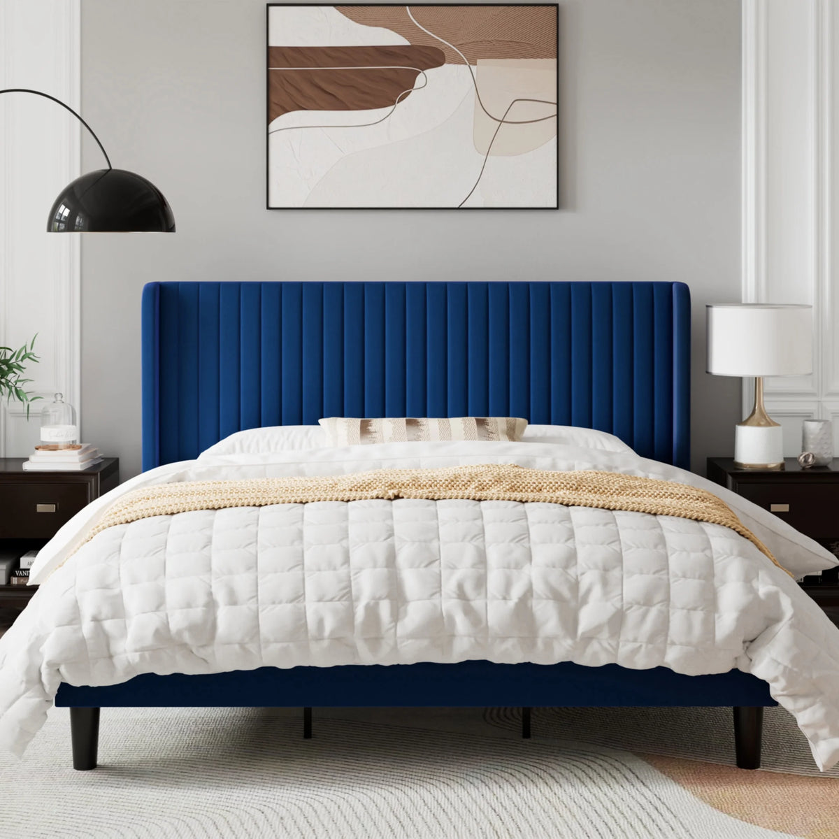 Queen Size Off White Velvet Platform Bed Frame with Wingback Headboard W72658