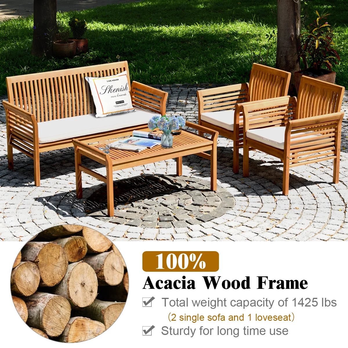 4 PCS Acacia Wood Cushioned Sofa Set I46155