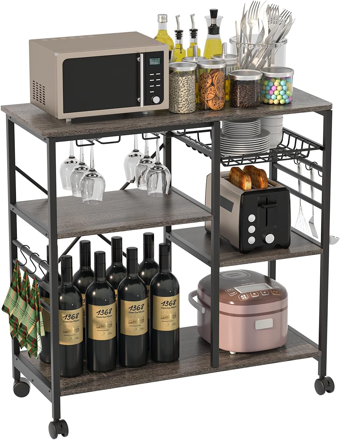 White Rolling Wood Dining Cart with 2 Drawers, 3 Baskets and 2 Shelves H8107