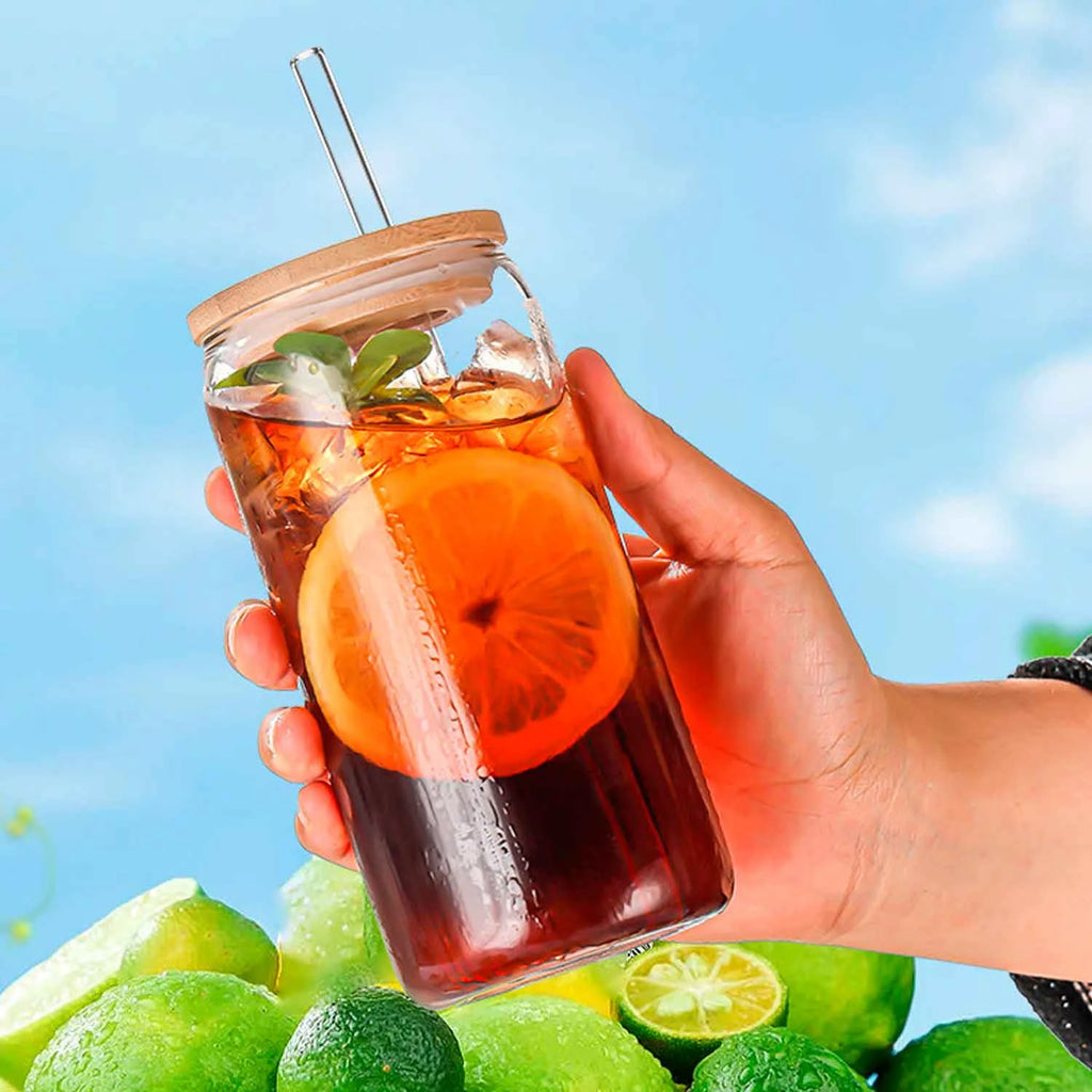 Can Shaped Glass Cups with Bamboo Lids and Glass Straw 6pcs L8589