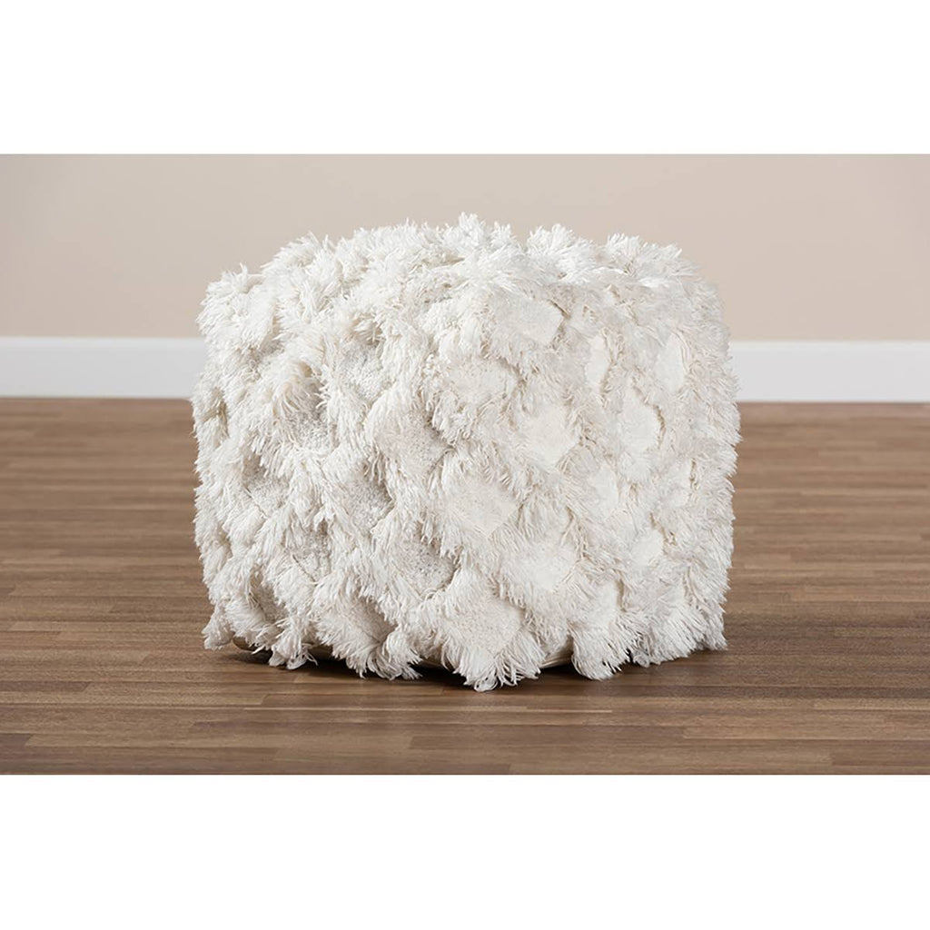 Ivory Handwoven Cotton Fringe Pouf Ottoman D713