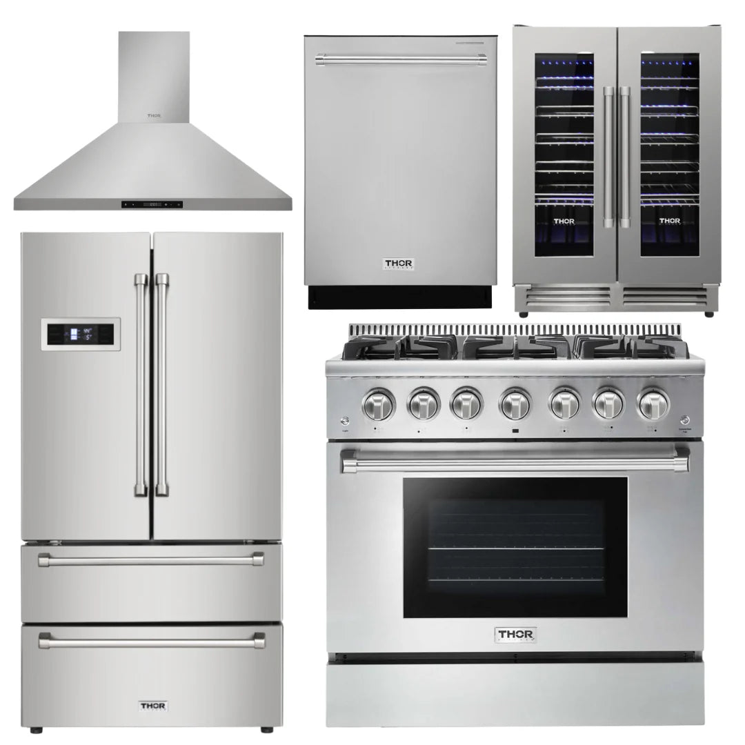 36 in. Natural Gas Range, Range Hood, Refrigerator, Dishwasher & Wine Cooler B665