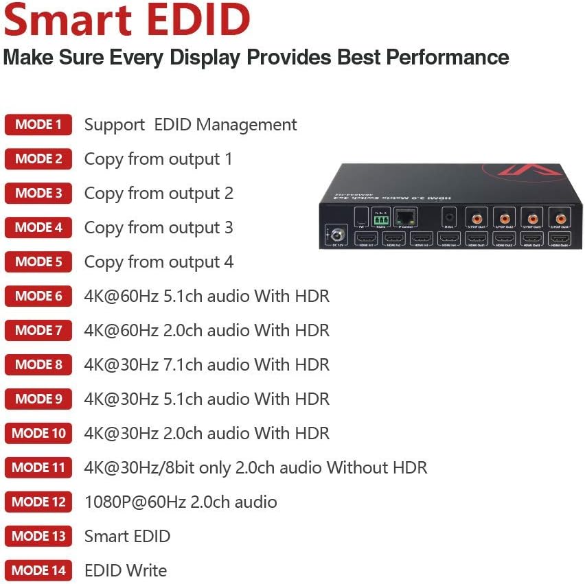 HDMI Matrix 4x4 4K@60Hz 4:4:4 HDR Dolby Vision CEC Audio Extraction SPDIF 5.1CH Downscaler HDCP2.2 IR Remote RS232 C2552