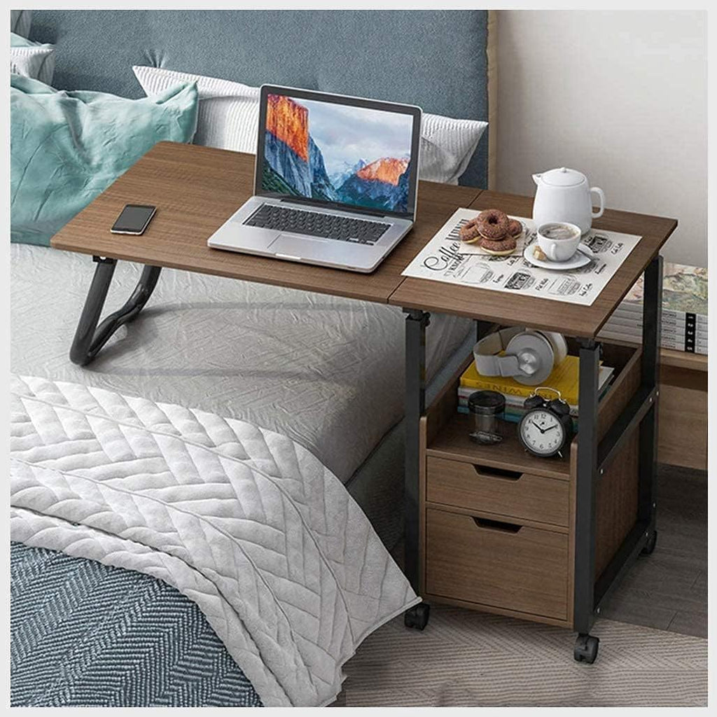 2 in 1 Overbed Table with Wheels, Foldable Bedside Table with Drawer, Height Adjustable Mobile Computer Desk J8934