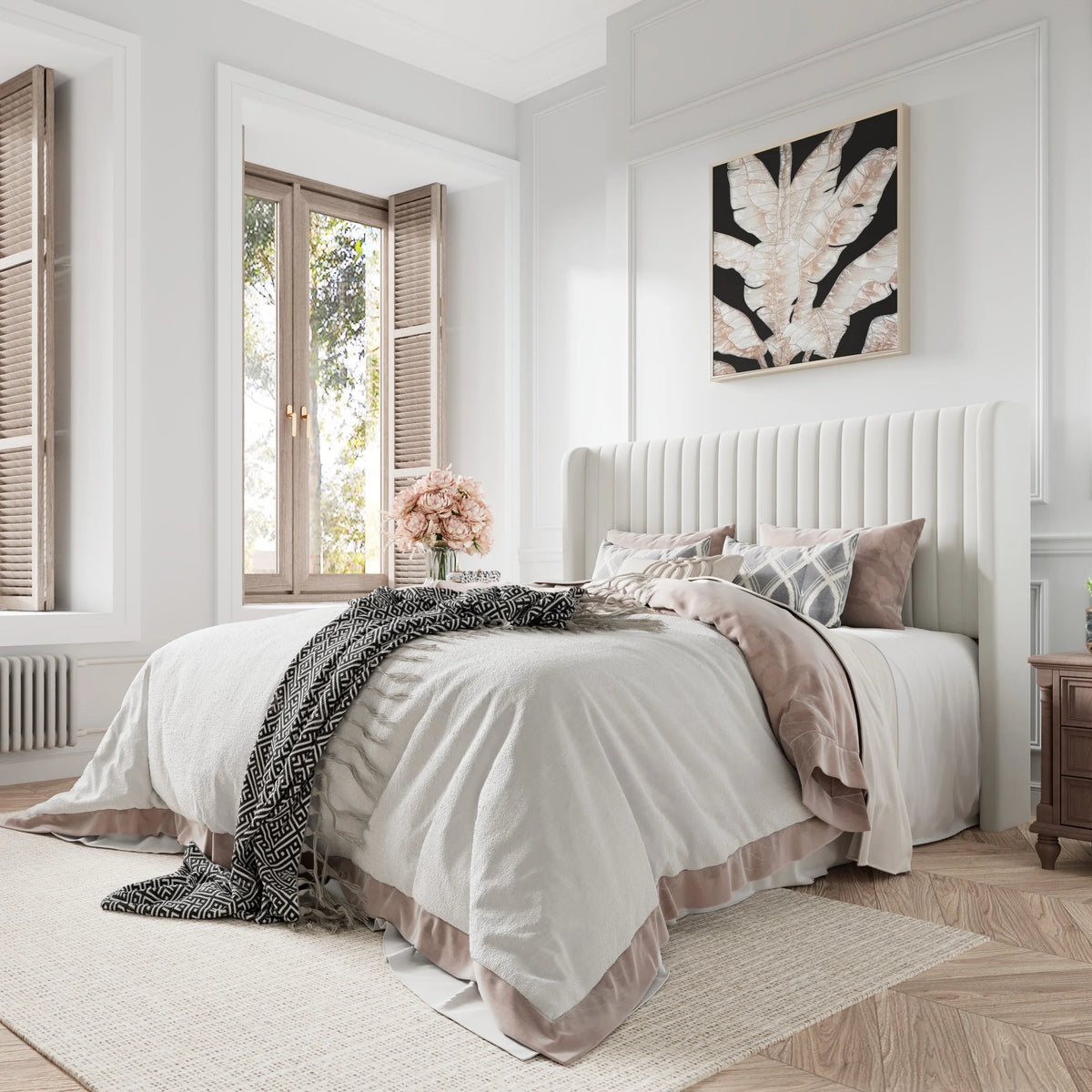 Queen Size Off-White Velvet Upholstered Bed Frame I5368