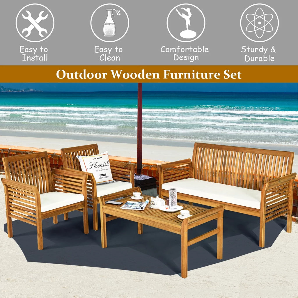 4 PCS Acacia Wood Cushioned Sofa Set I46155