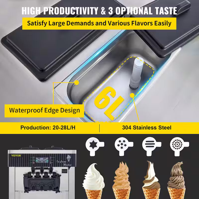 Commercial Ice Cream Machine 5.3 to 7.4 Gal. per Hour 3 Flavors Soft Serve H295