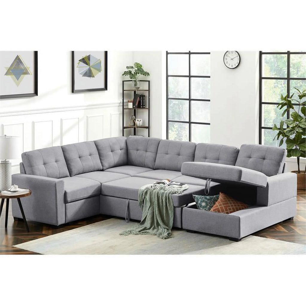 Light Gray Linen Sleeper Sectional Sofa with Storage Chaise A24044
