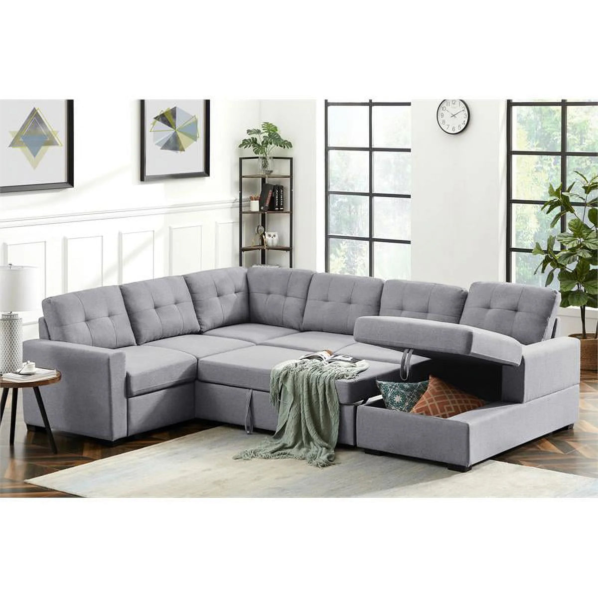 Light Gray Linen Sleeper Sectional Sofa with Storage Chaise A24044