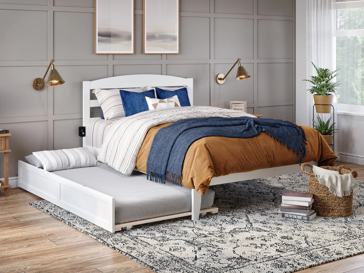 White Full Wood Platform Bed Frame with Twin Trundle Y8168