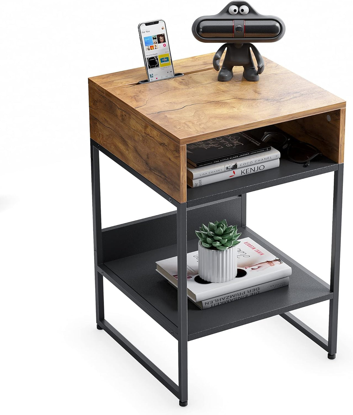 Fir Brown Side Table with Storage Compartment L829