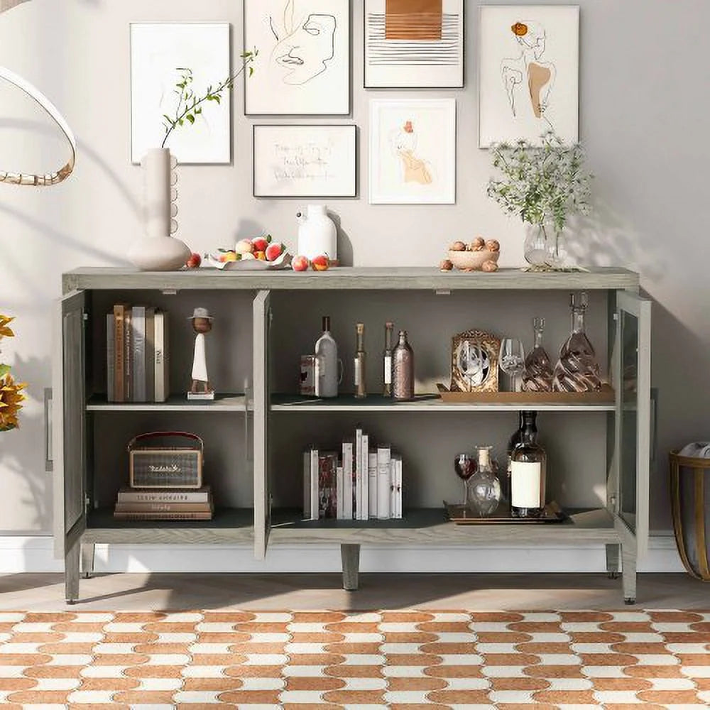 Wood Storage Cabinet with Three Tempered Glass Doors and Adjustable Shelf, Gray G903