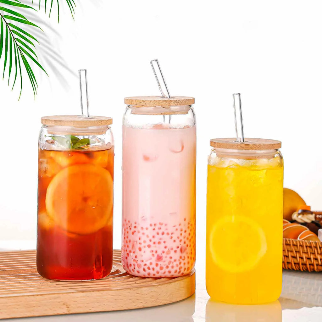 Can Shaped Glass Cups with Bamboo Lids and Glass Straw 6pcs L8589