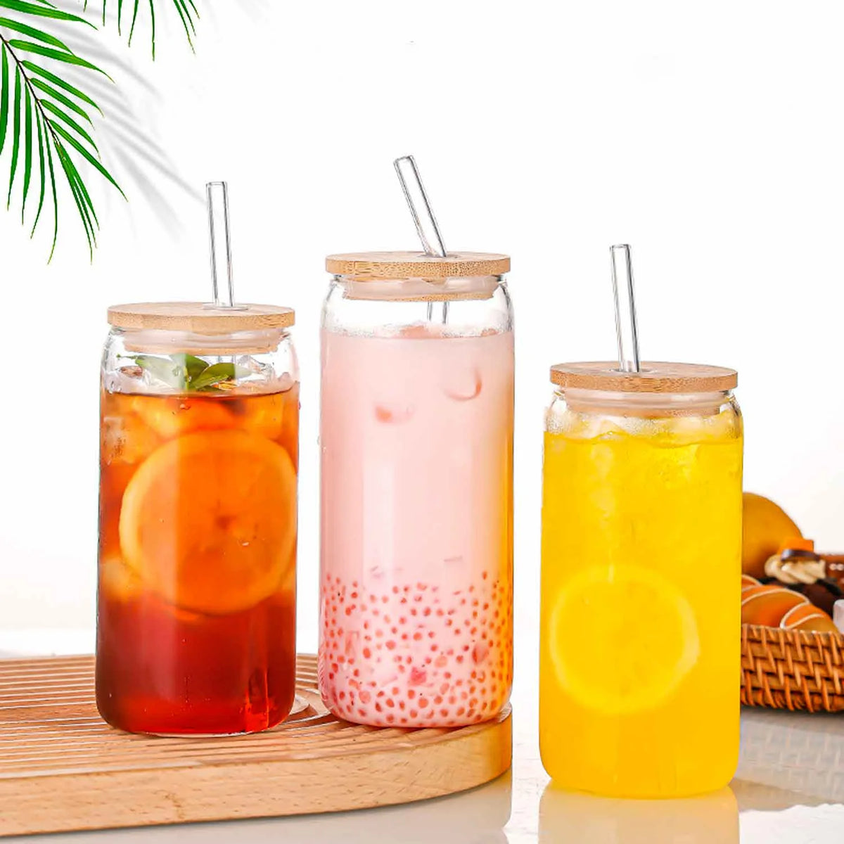 Can Shaped Glass Cups with Bamboo Lids and Glass Straw 6pcs L8589