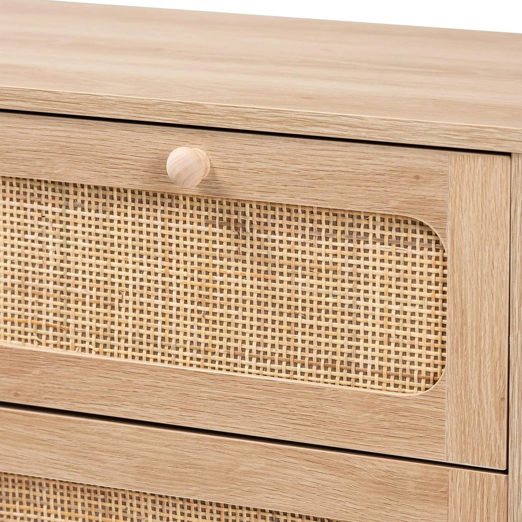 Oak Brown Wood and Natural Rattan 5-Drawer Cabinet X95441