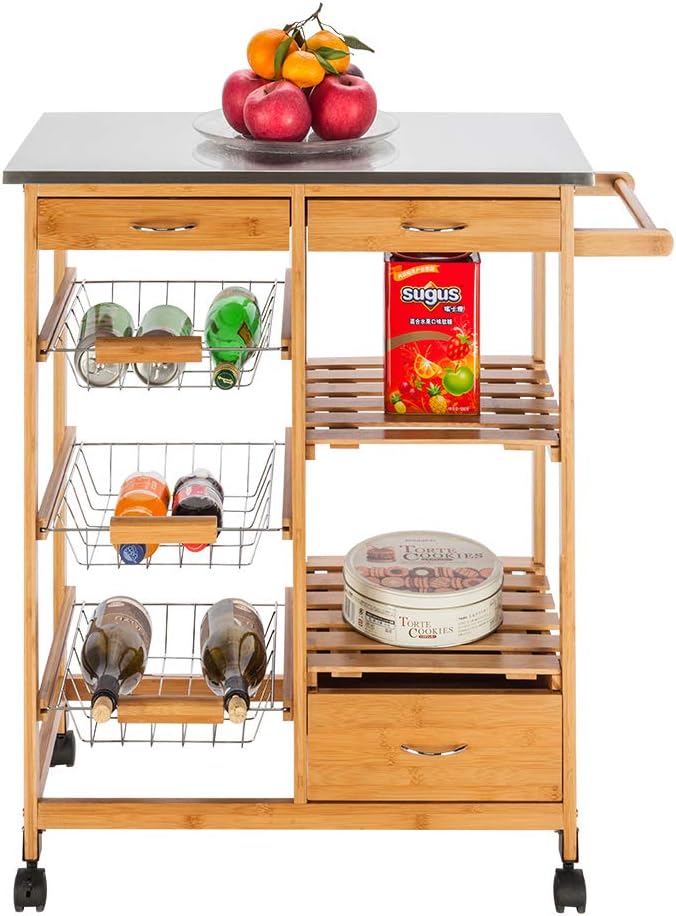 White Rolling Wood Dining Cart with 2 Drawers, 3 Baskets and 2 Shelves H8107