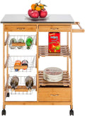White Rolling Wood Dining Cart with 2 Drawers, 3 Baskets and 2 Shelves H8107