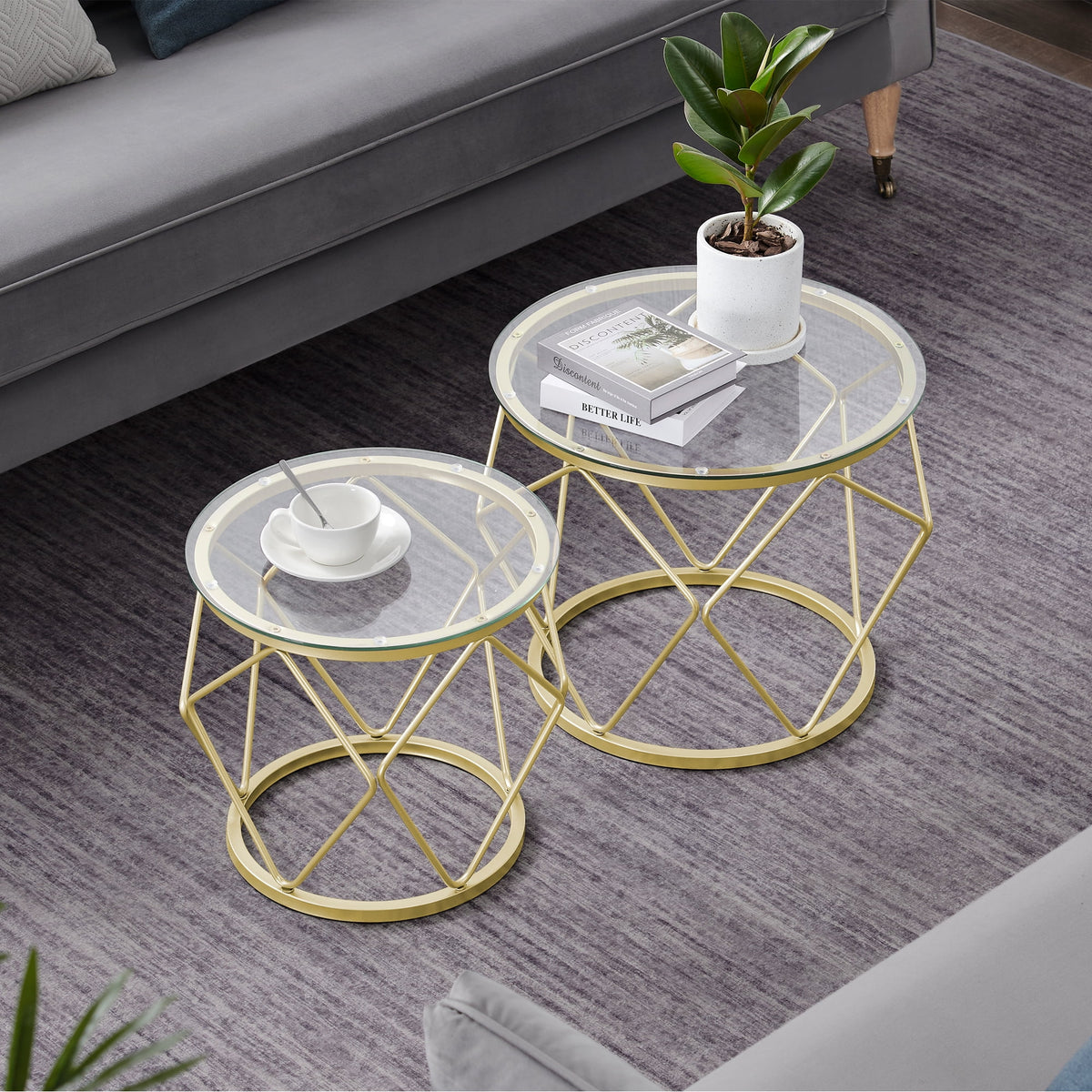 Round Coffee Table Set of 2 with Tempered Glass Top M529