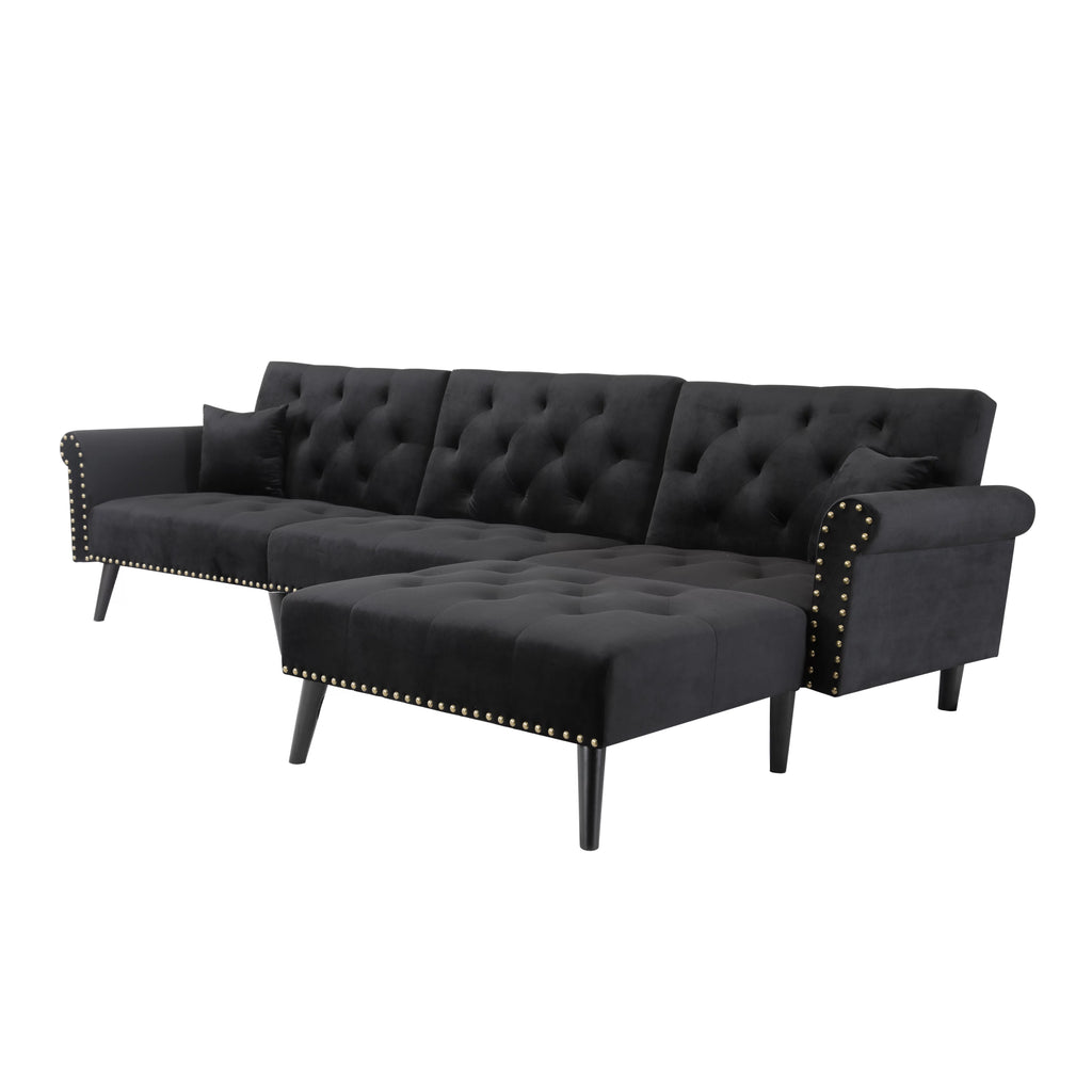 Black Velvet Sectional Sofa with Reversible Chaise R818