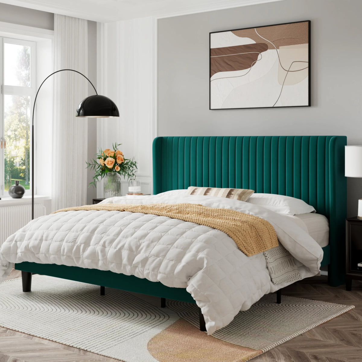 Queen Size Off White Velvet Platform Bed Frame with Wingback Headboard W72658