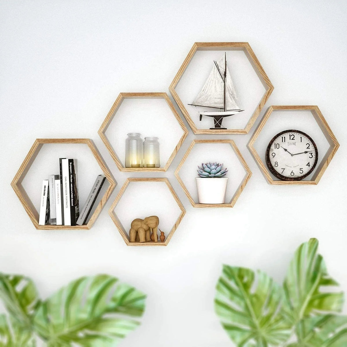 Set of 3 Black Wooden Hexagon Floating Shelves C8342