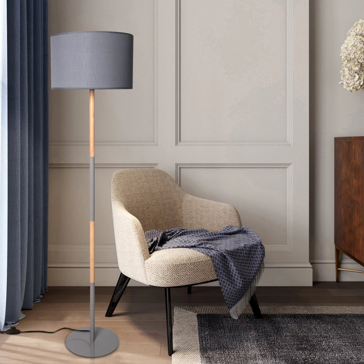 Modern Floor Lamp with 8W LED Bulb, Foot Switch & Fabric Lamp Shade E33643